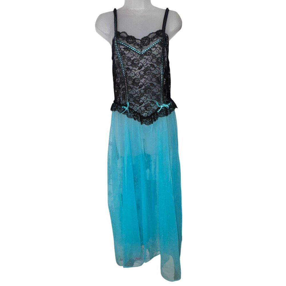 Vintage Jill Andrea Black Lace Blue Sheer Nightgown‎ Medium Goth Vamp Pinup Sexy